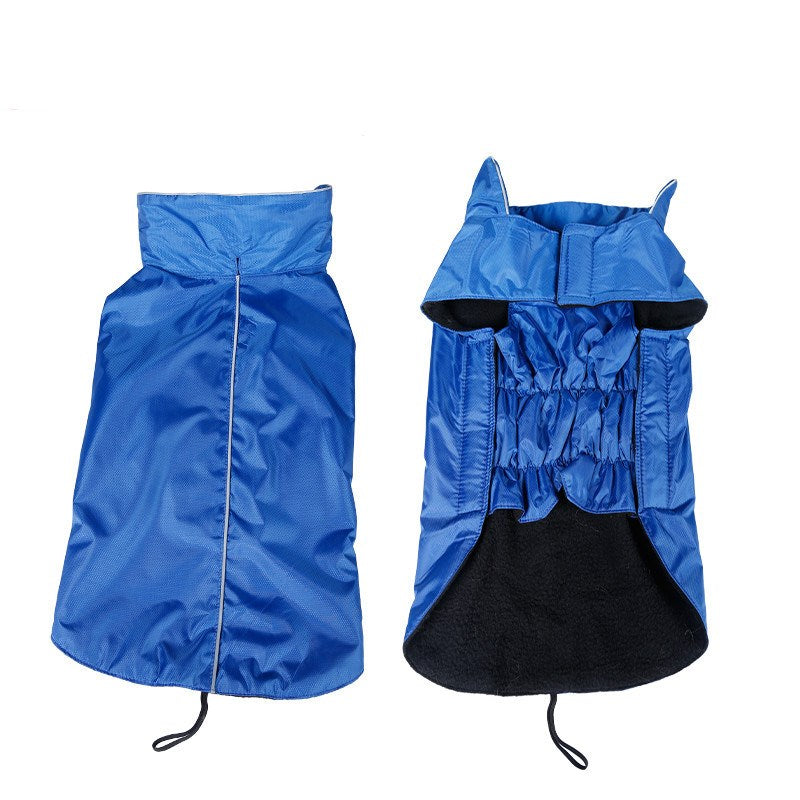 Blue PolarPet waterproof dog coat, outside and fleece-lined inside