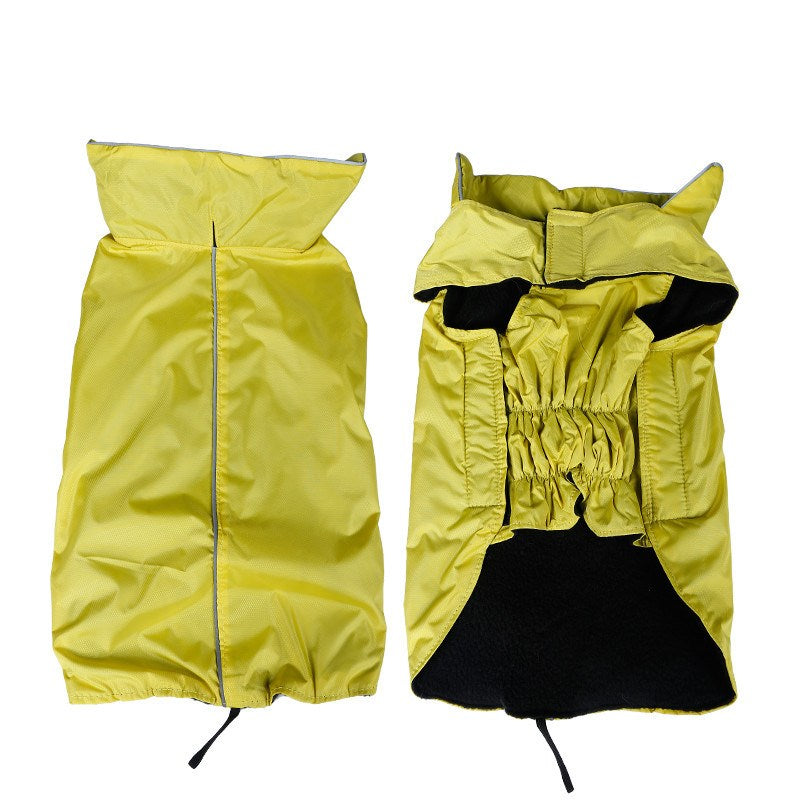 Yellow PolarPet waterproof dog coat, outside and fleece-lined inside