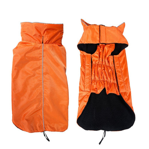 Orange PolarPet waterproof dog coat, outside and fleece-lined inside