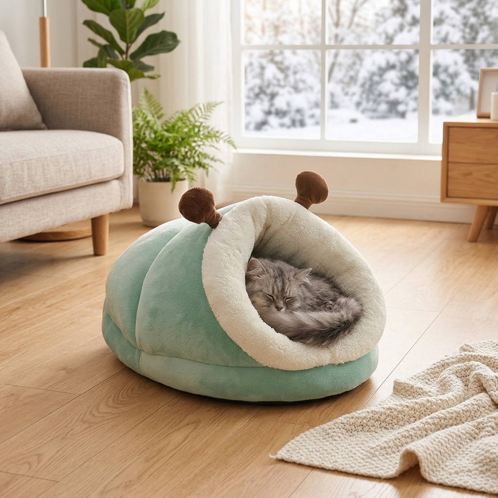Grey cat asleep in a PolarPet slipper bed in a cozy Nordic living room