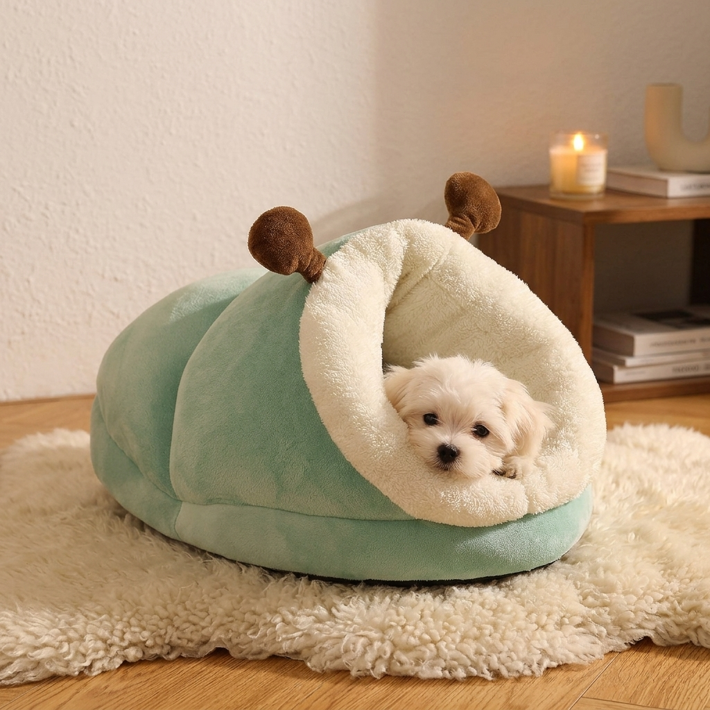 White puppy peeking out of a PolarPet slipper bed by candlelight