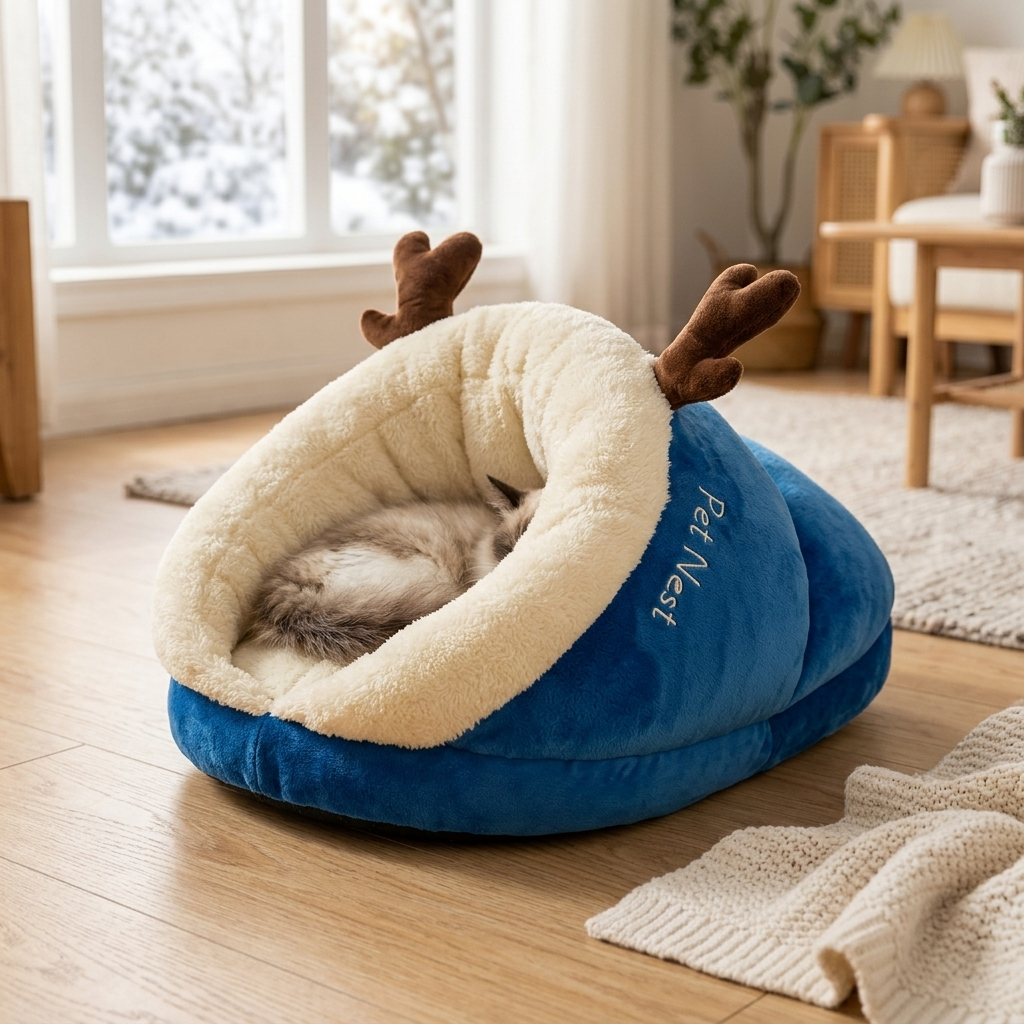 Cat asleep in the Blue Elk PolarPet slipper bed