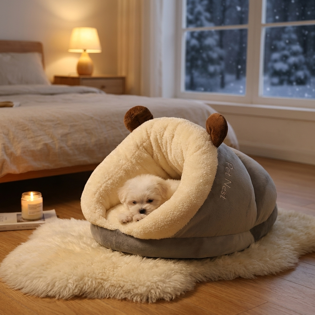 Puppy resting in the Gray Brown Bear PolarPet slipper bed