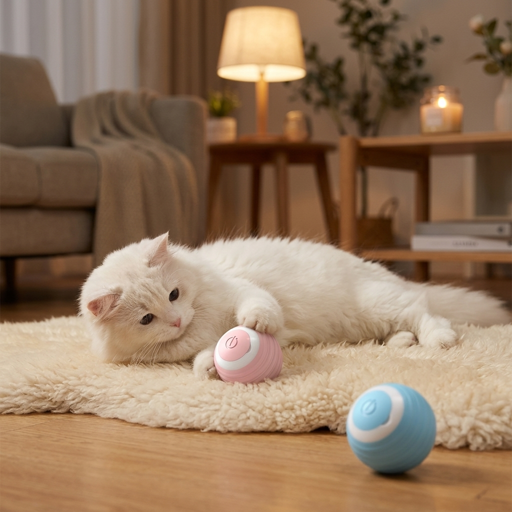 White cat playing with the pink PolarPet smart rolling ball