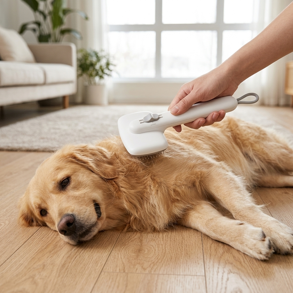 Golden dog being brushed with the PolarPet grooming brush
