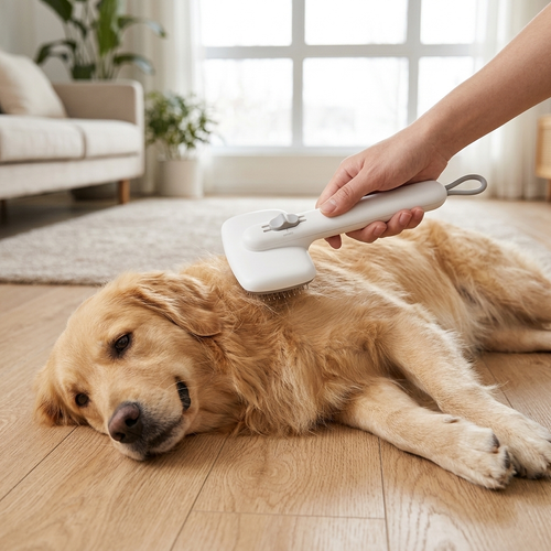 Golden dog being brushed with the PolarPet grooming brush