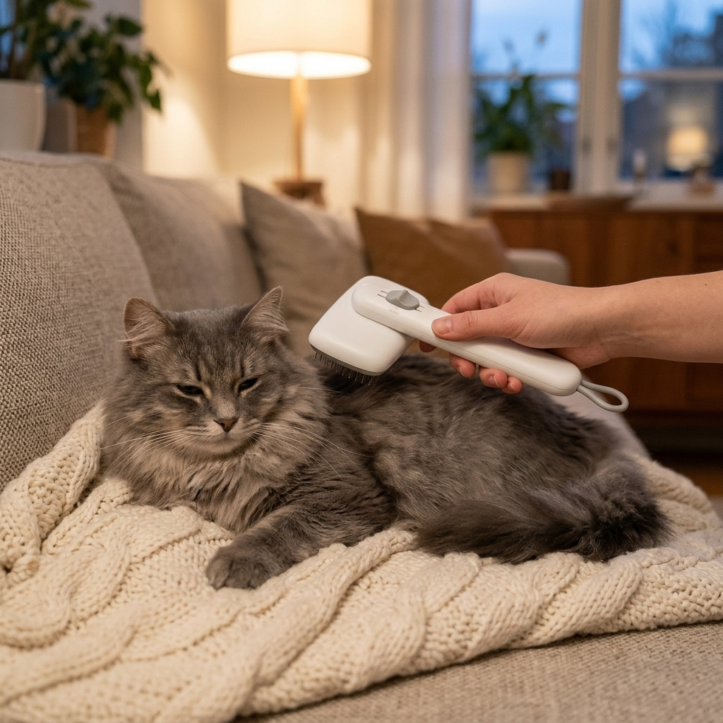 Grey cat being brushed with the PolarPet grooming brush