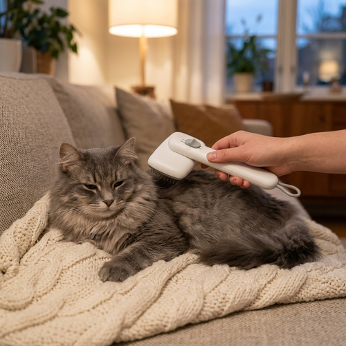 Grey cat being brushed with the PolarPet grooming brush