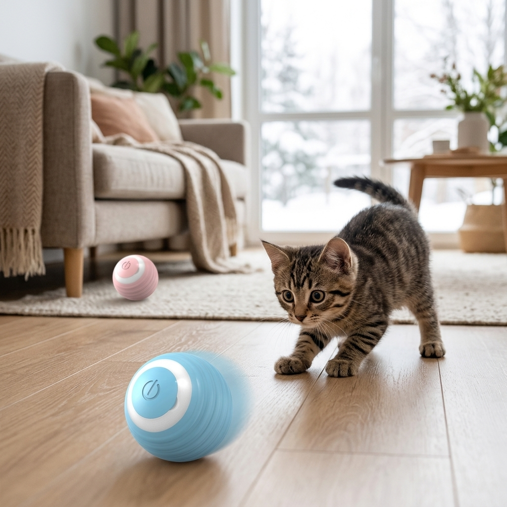 Kitten about to pounce on the PolarPet smart rolling ball